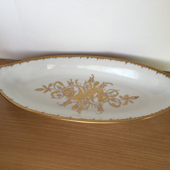VINTAGE BIRKS HAND PAINTED w GOLD ROSE MADE IN FRANCE SERVING DISH LONG BB mark - Picture 1 of 4